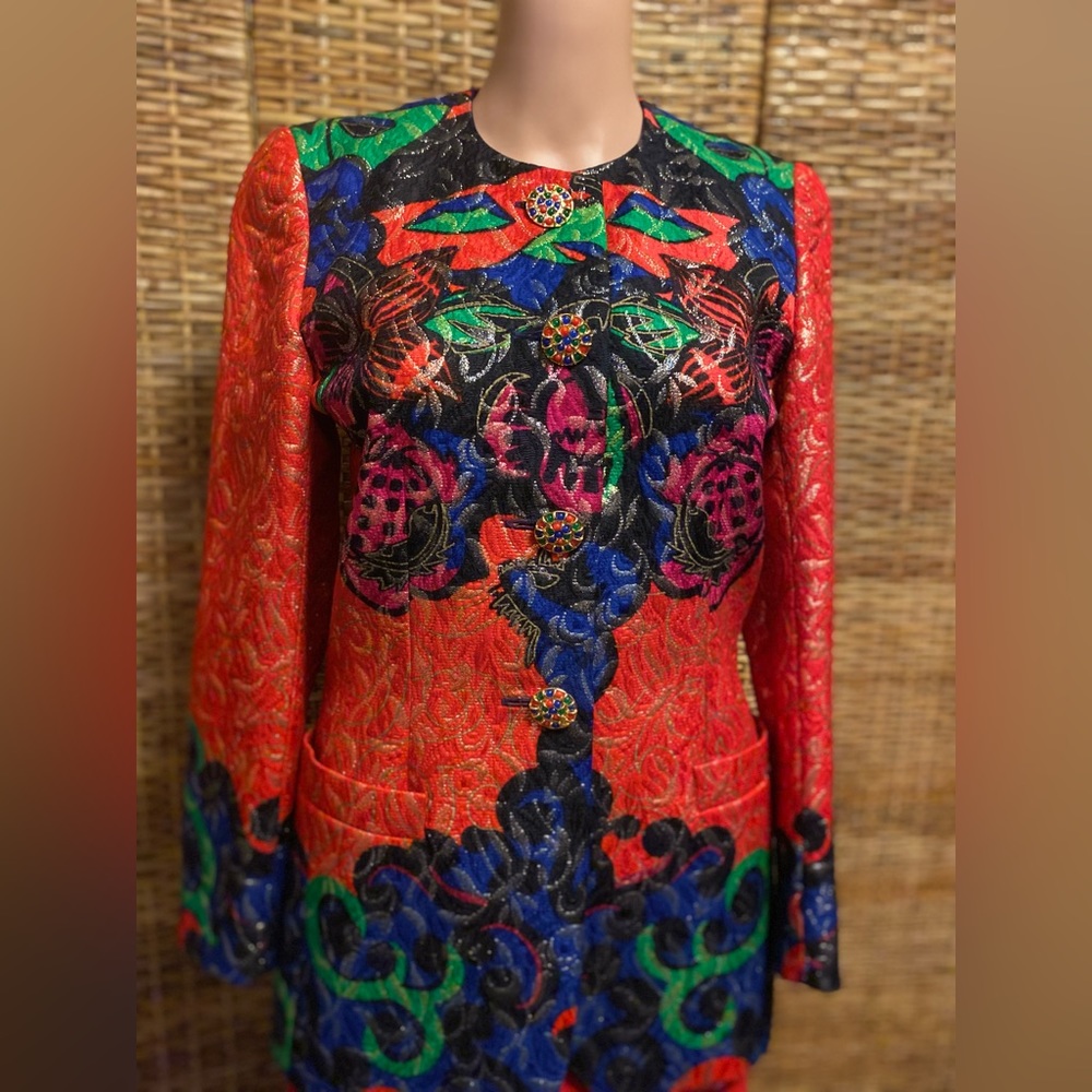 Vintage Escada Blazer Jacket Red with Jewel Tones Print